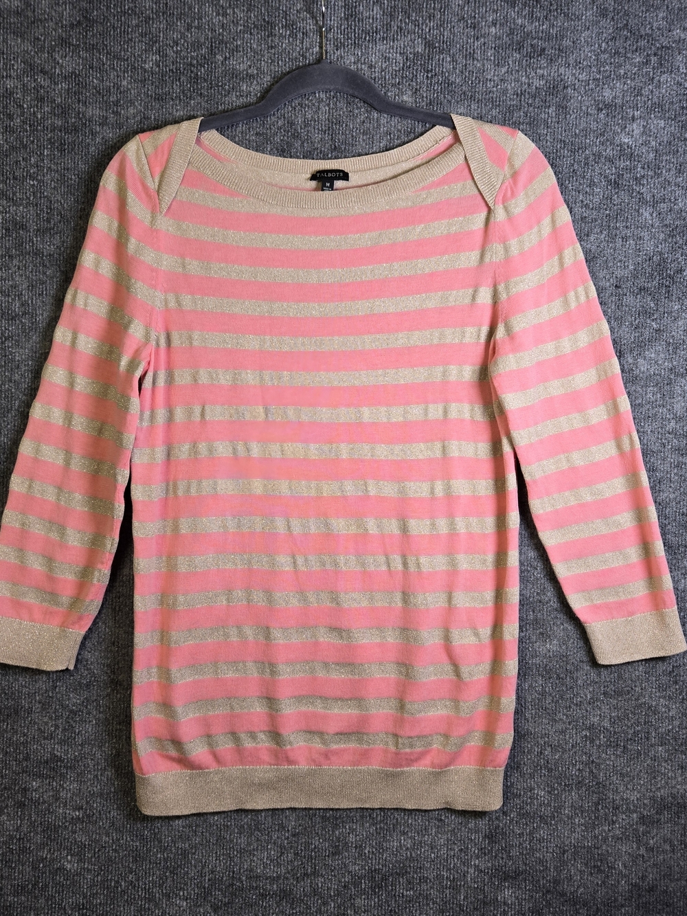 Talbots Sweater Womens M Pink Gold Shimmer Stripe Boat Neck 3/4 Sleeve